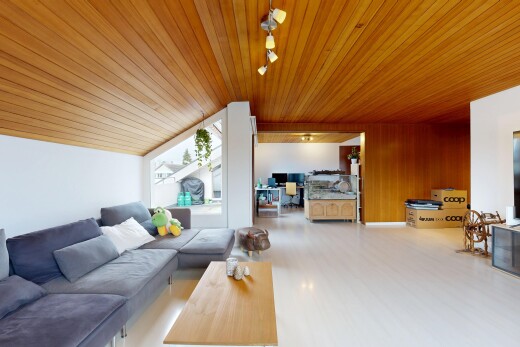 salon avec éclairage sur rail, track lighting, plafond en bois, wood ceiling, et cloison sèche