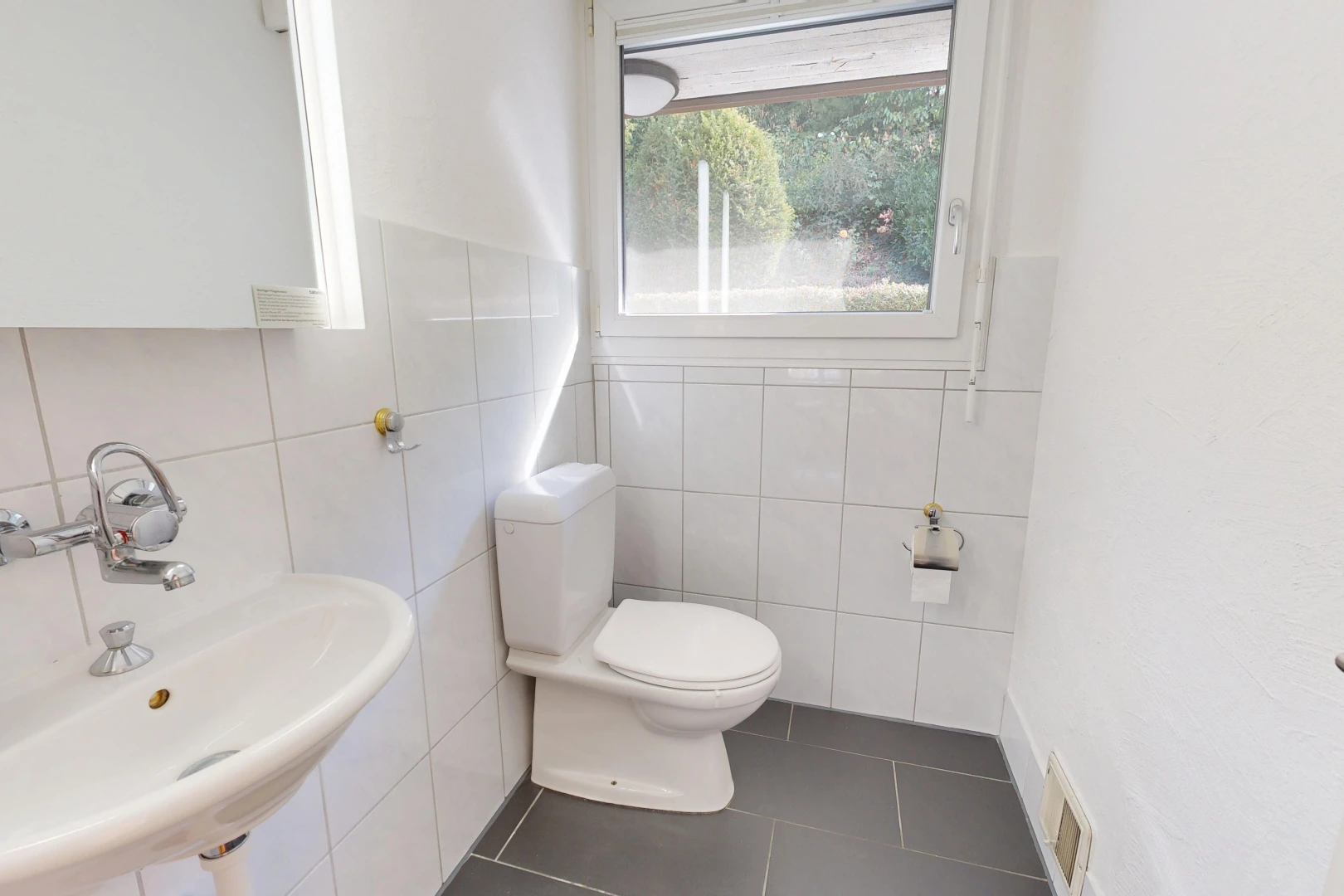 bad mit gäste-wc, waschbecken, toilette, fliesenwand, und tile wall