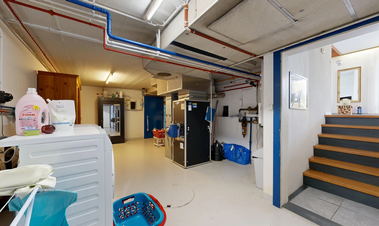 vorratskammer mit treppen, tumbler, hochofen, und keller