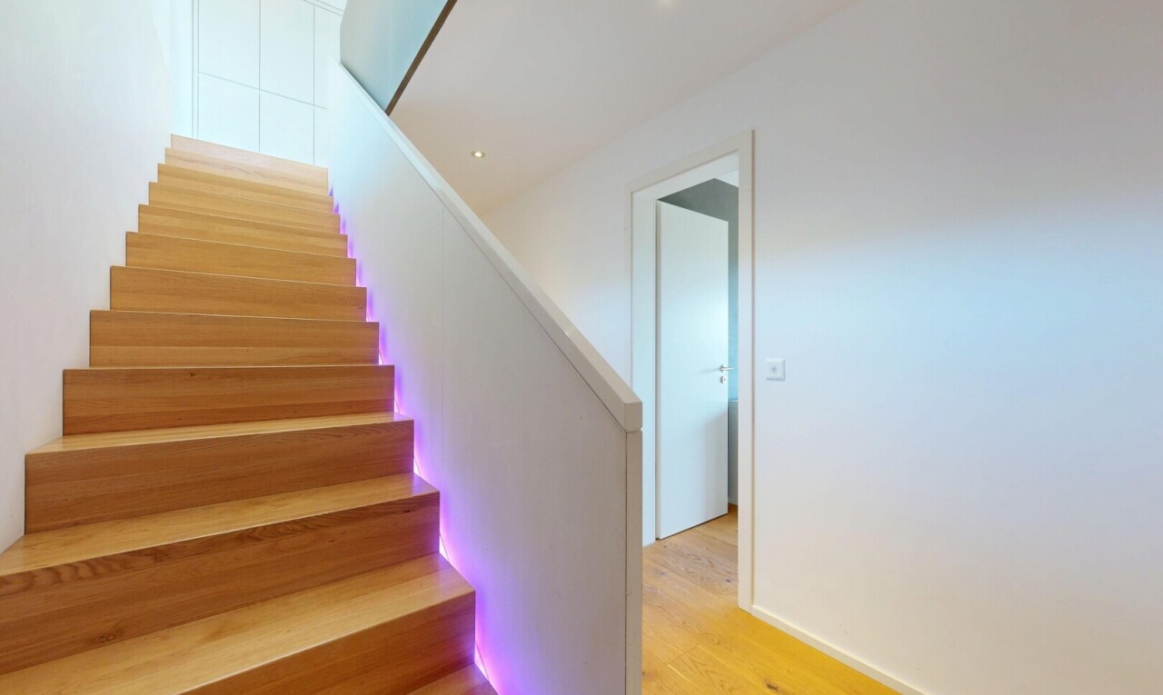 treppe mit treppen, drywall, gipskartonwand, wood finish floor, und holzfußboden