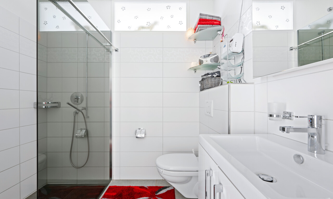 bad mit dusche, spiegel, inside property, komplettes badezimmer, und natürliches licht