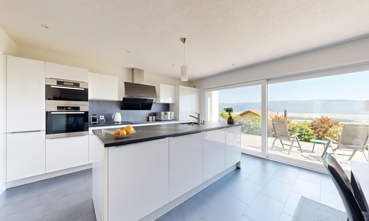 kitchen with white cabinets, modern cabinets, and an island with sink