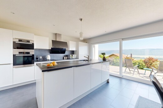 kitchen with white cabinets, modern cabinets, and an island with sink