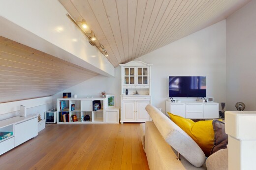 salon avec plafond en bois, wood ceiling, plafond voûté, vaulted ceiling, et sol en finition bois