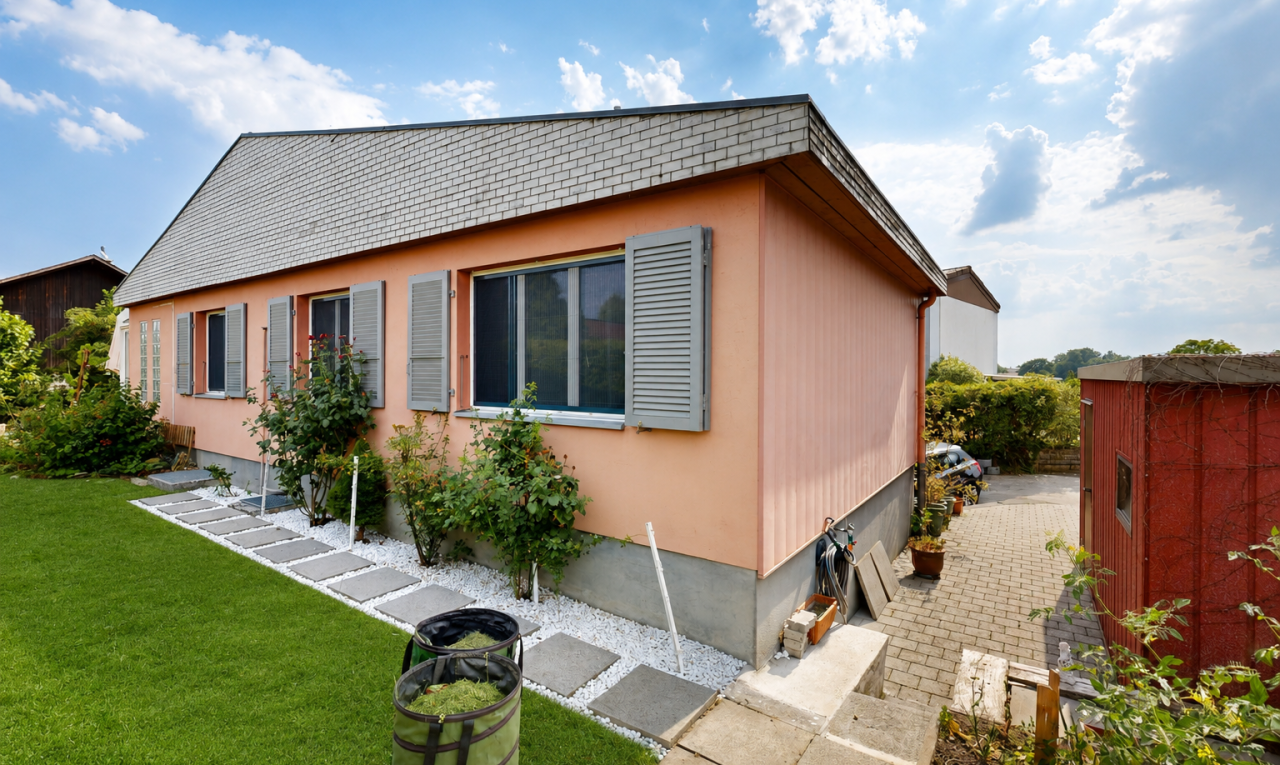 außenansicht mit rasen, betonfundament, property visible, day time, und from property