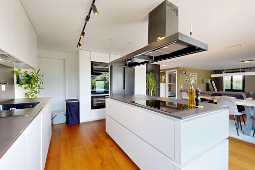 kitchen featuring modern cabinets, white cabinetry, and island range hood