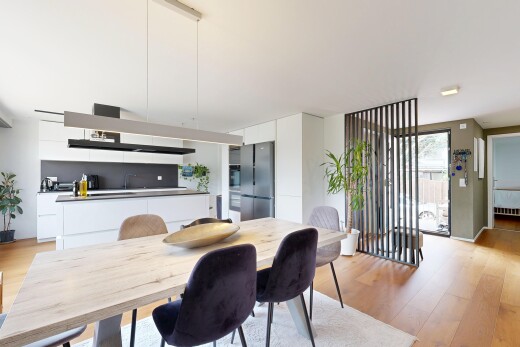 dining area with light wood-style floors