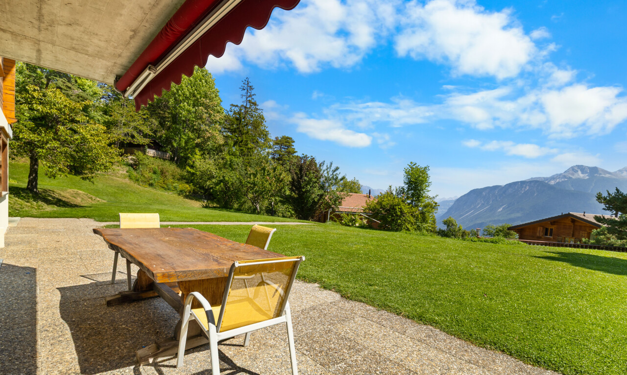 terrasse avec vue sur la montagne, mountain view, pelouse, terrasse, et day time