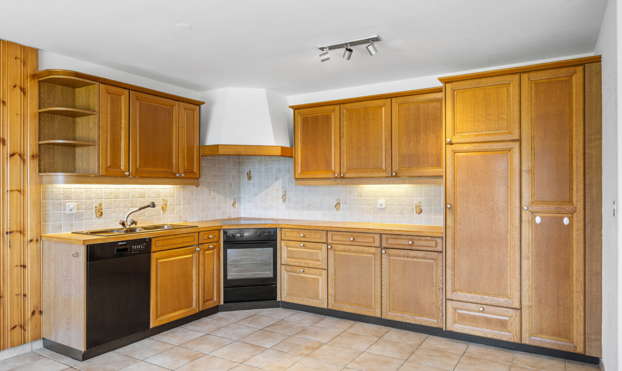 cuisine avec armoires élevées, backsplash, dosseret, hotte, et lave-vaisselle