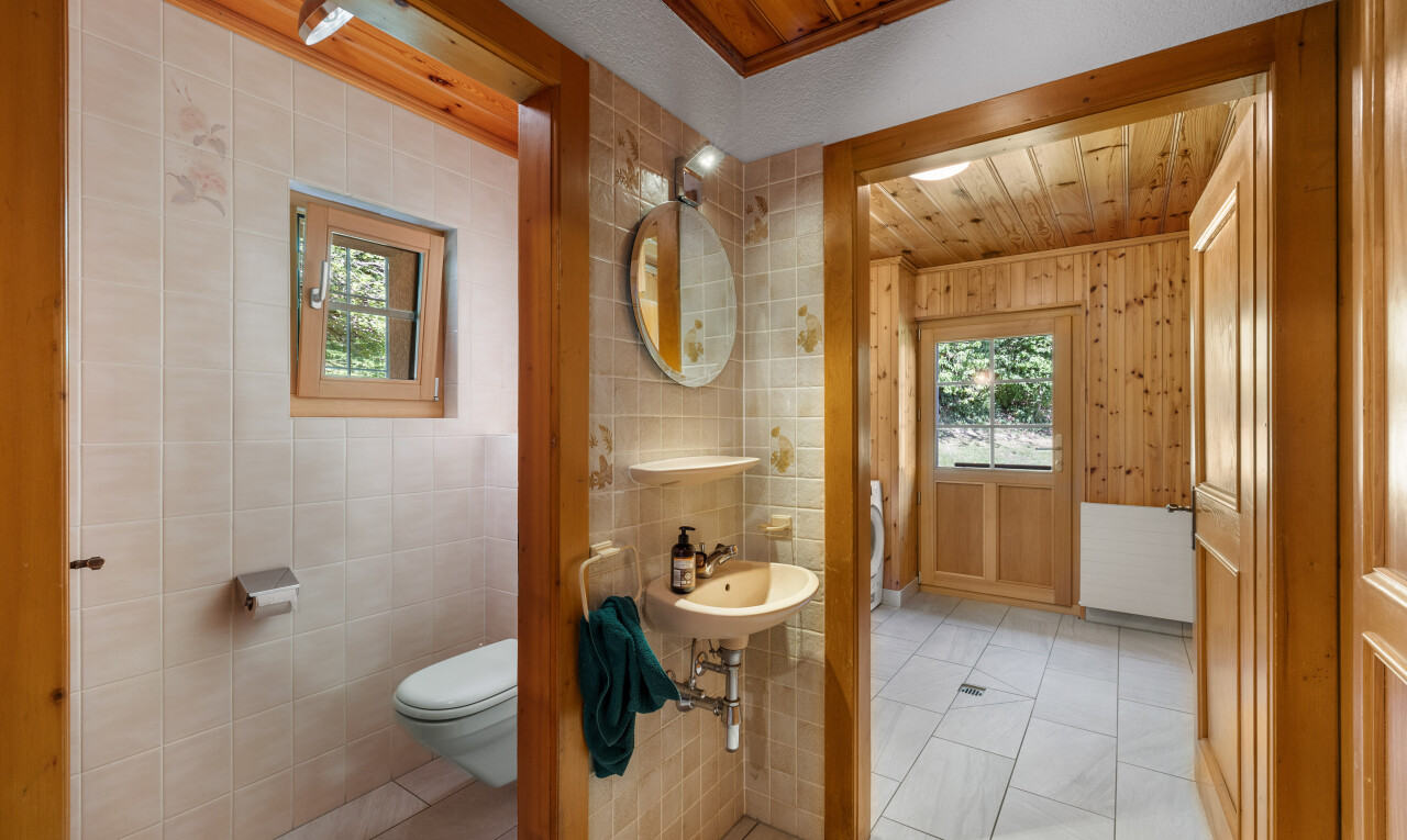 salle de bains avec lumière naturelle, natural light, toilette, plafond en bois, et wood ceiling