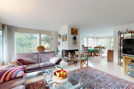 salon / salle à manger avec télévision, lumière naturelle, cheminée, cloison sèche, et drywall