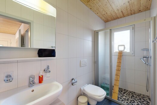bad mit dusche, komplettes badezimmer, tile wall, fliesenwand, und wood ceiling