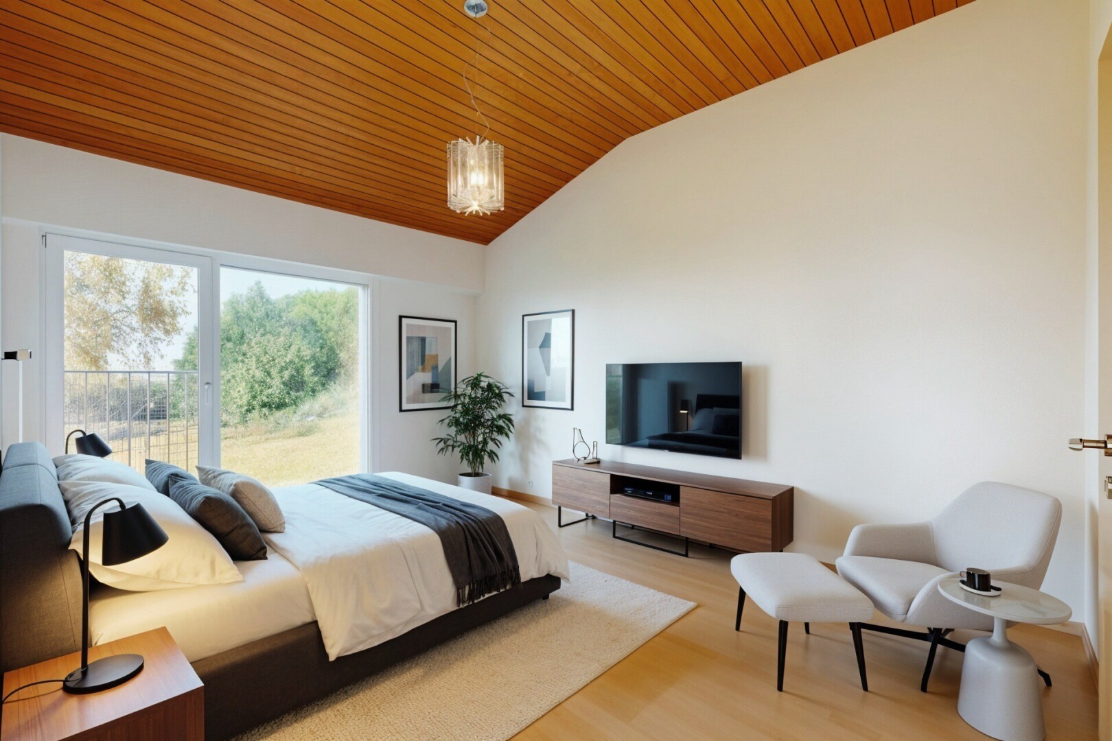 zimmer / schlafzimmer mit fernseher, drywall, gipskartonwand, vaulted ceiling, und dachschräge