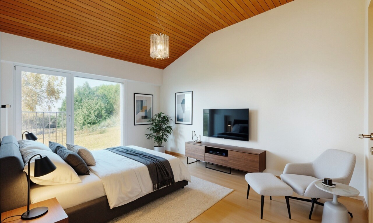 zimmer / schlafzimmer mit fernseher, drywall, gipskartonwand, vaulted ceiling, und dachschräge