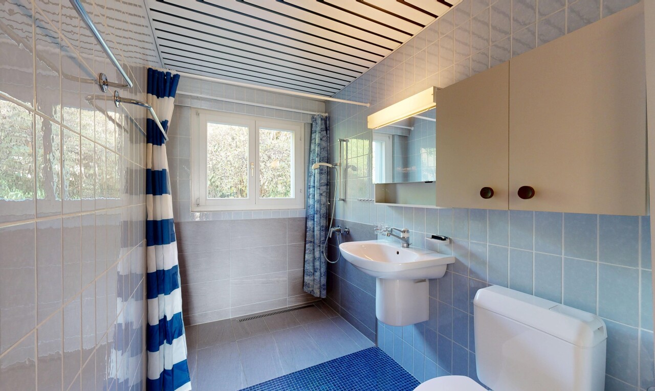 bad mit tile wall, fliesenwand, dusche, komplettes badezimmer, und spiegel