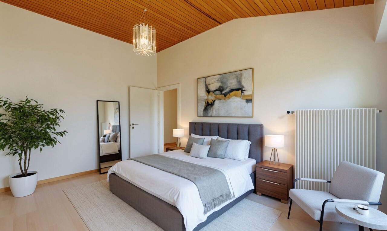 zimmer / schlafzimmer mit gipskartonwand, drywall, holzdecke, wood ceiling, und kühler