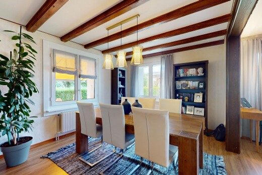 esszimmer mit natural light, natürliches licht, inside property, beamed ceiling, und balkendecke