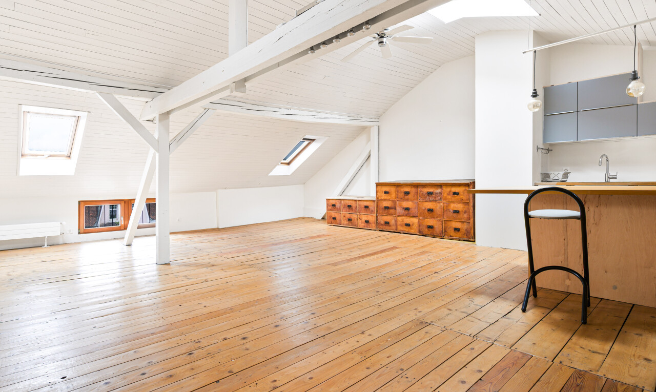 leerer raum mit dachfenster, hardwood floor, vaulted ceiling, dachschräge, und wood finish floor