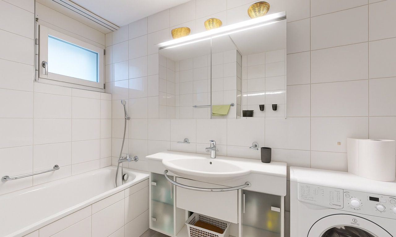 salle de bains avec lave-linge et sèche-linge, salle de bain complète, lumière naturelle, natural light, et miroir