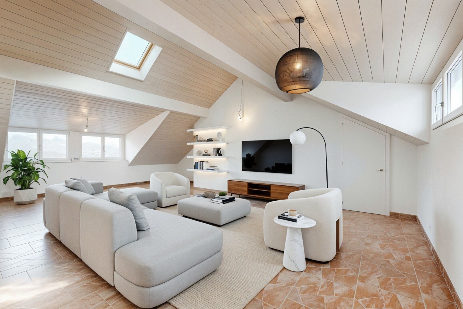 living area featuring plenty of natural light, a skylight, and wooden ceiling