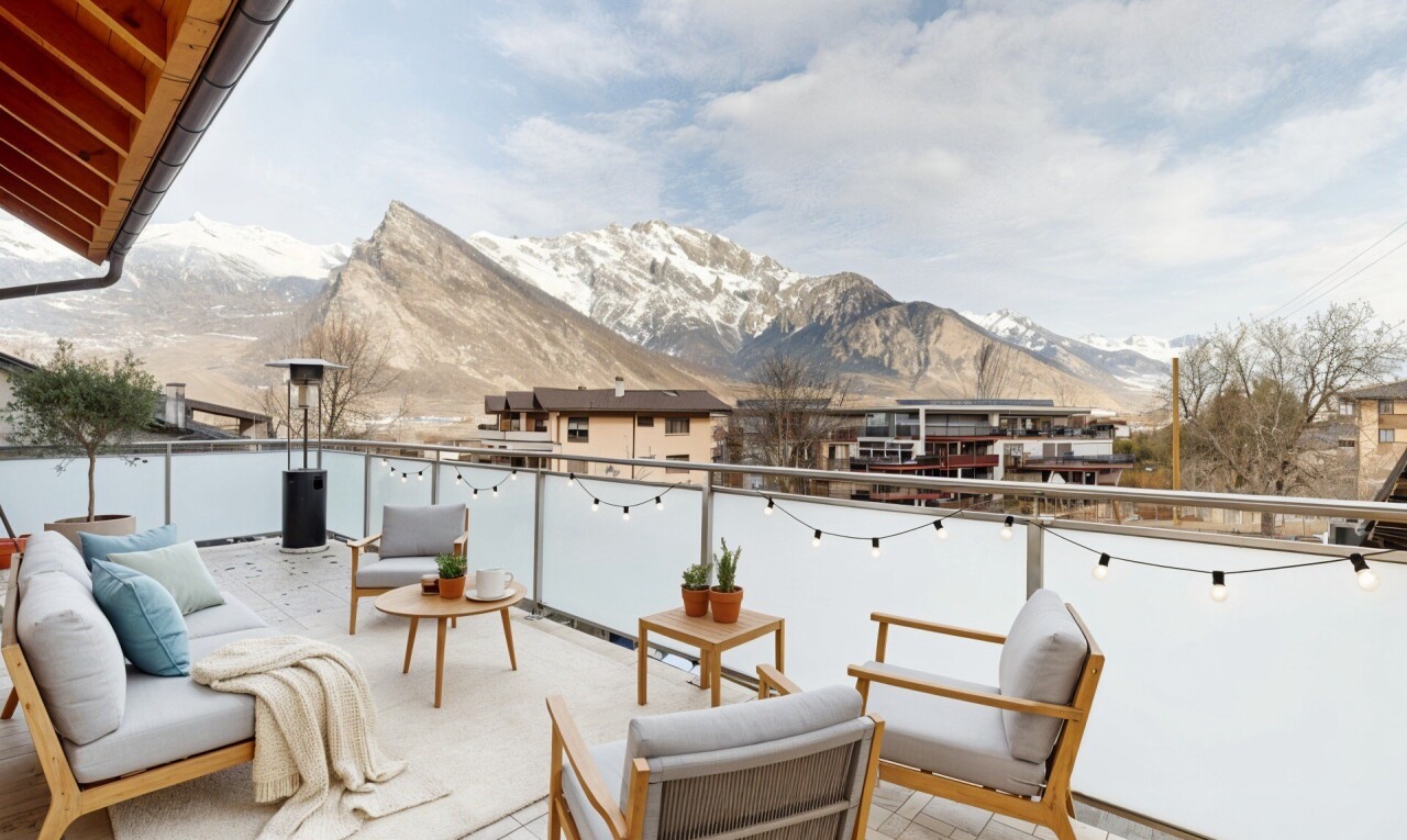 terrace featuring a patio and a mountain view