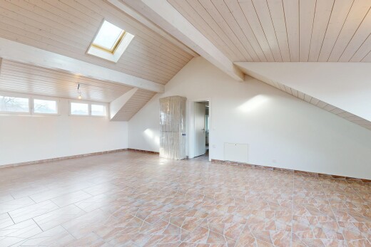 empty room with a skylight, stone finish flooring, and wood ceiling