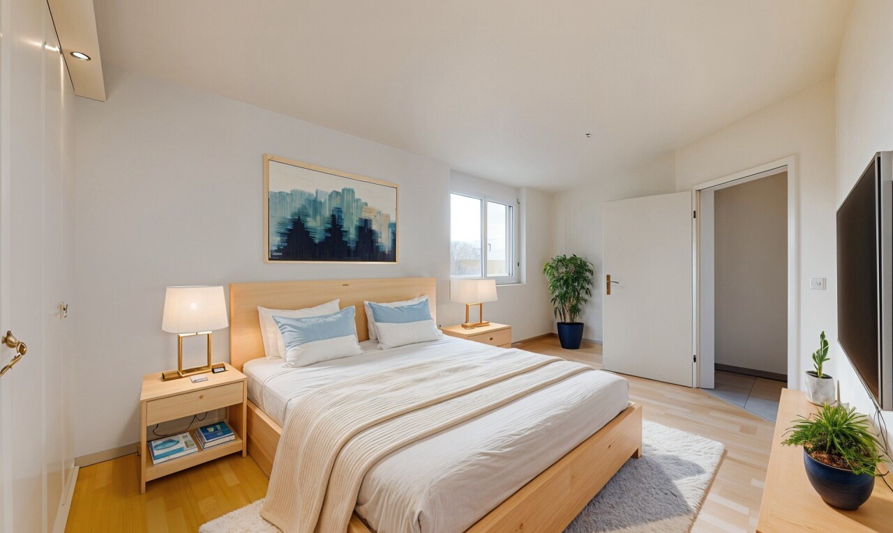 zimmer / schlafzimmer mit holzfußboden, natürliches licht, fernseher, und gipskartonwand