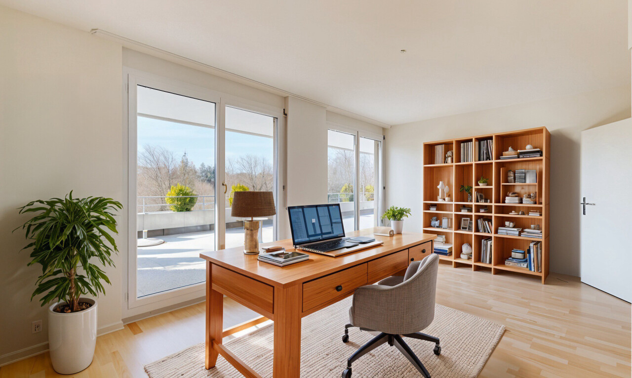 büro mit bürobereich, natürliches licht, gipskartonwand, und holzfußboden