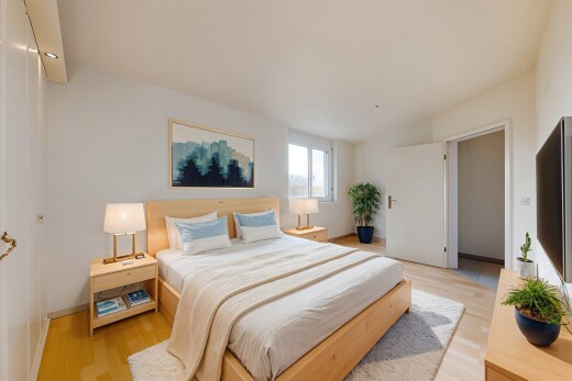 zimmer / schlafzimmer mit holzfußboden, natürliches licht, fernseher, und gipskartonwand