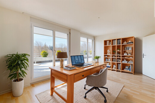 büro mit bürobereich, natürliches licht, gipskartonwand, und holzfußboden