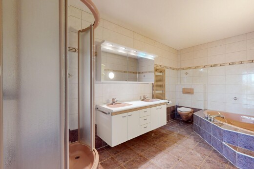 bad mit fliesenwand, waschbecken, und dusche