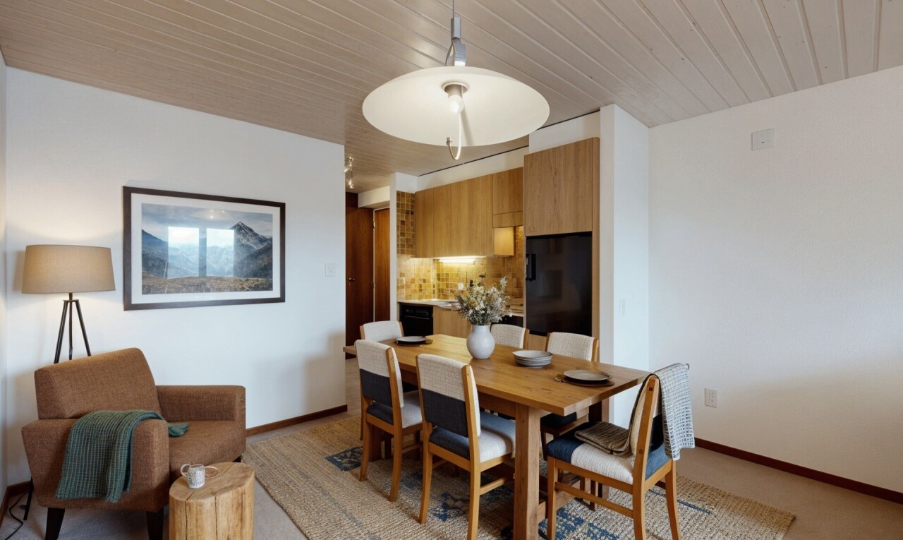 salle à manger avec cloison sèche, drywall, light floor, backsplash, et inside property