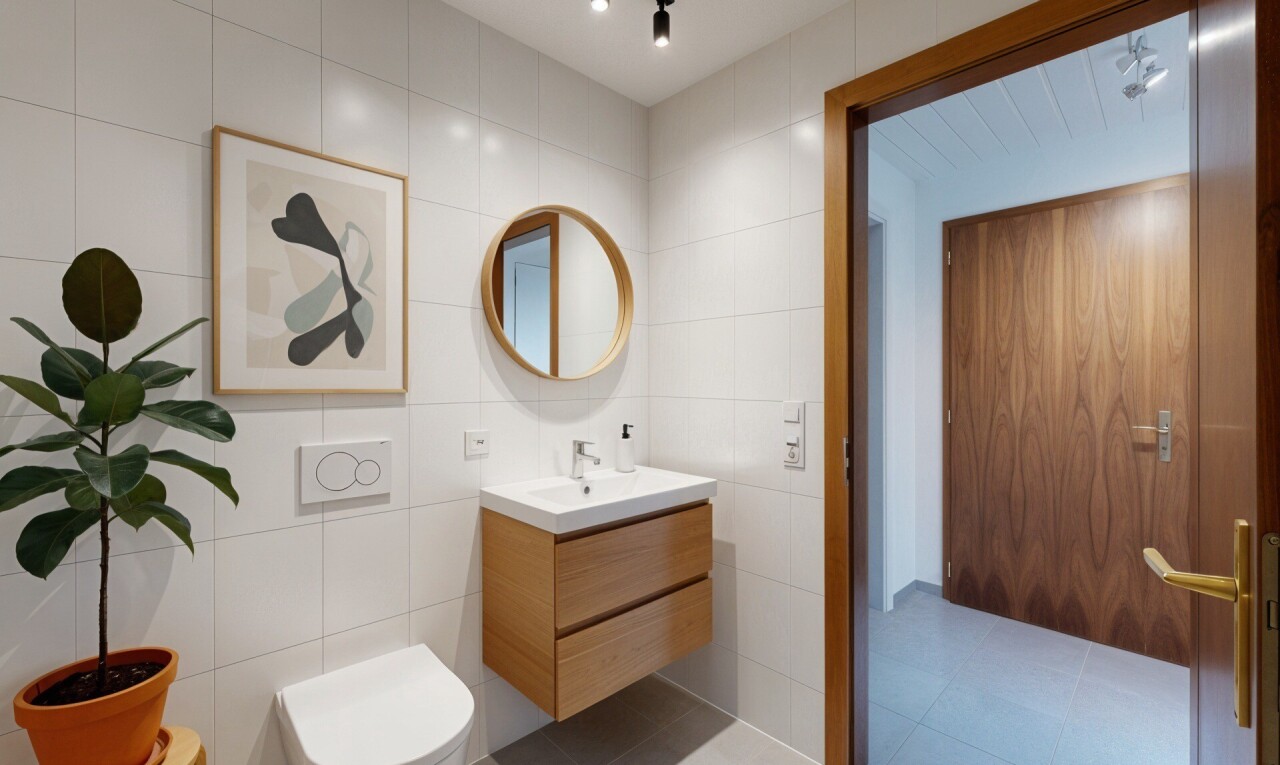 salle de bains avec mur en carrelage, tile wall, miroir, inside property, et toilette
