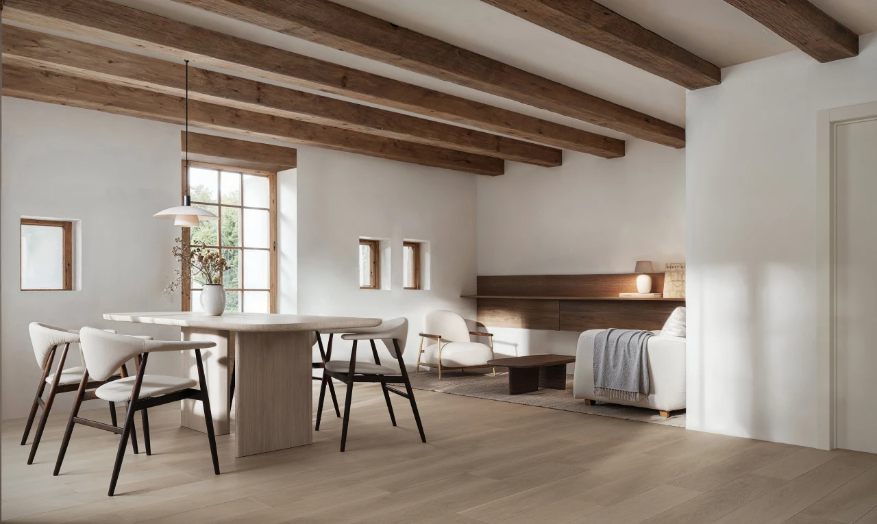 chambre avec plafond à poutres, sol en finition bois, lumière naturelle, et cloison sèche