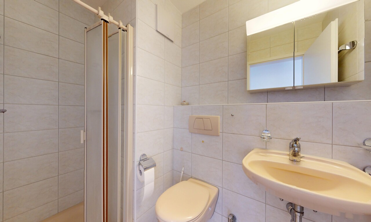 bad mit dusche, inside property, komplettes badezimmer, tile wall, und fliesenwand