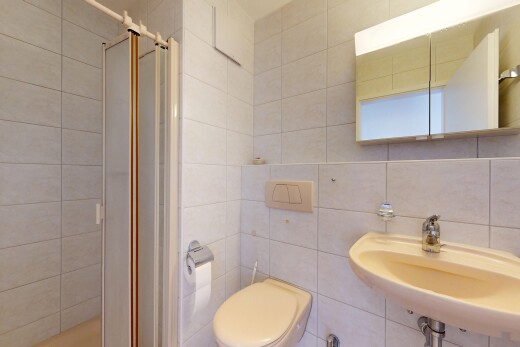 bad mit dusche, inside property, komplettes badezimmer, tile wall, und fliesenwand
