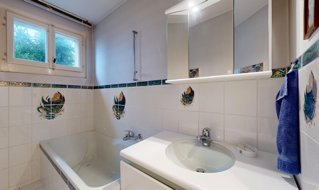 salle de bains avec salle de bain complète, lavabo (ou coiffeuse selon le contexte), bain, miroir, et évier