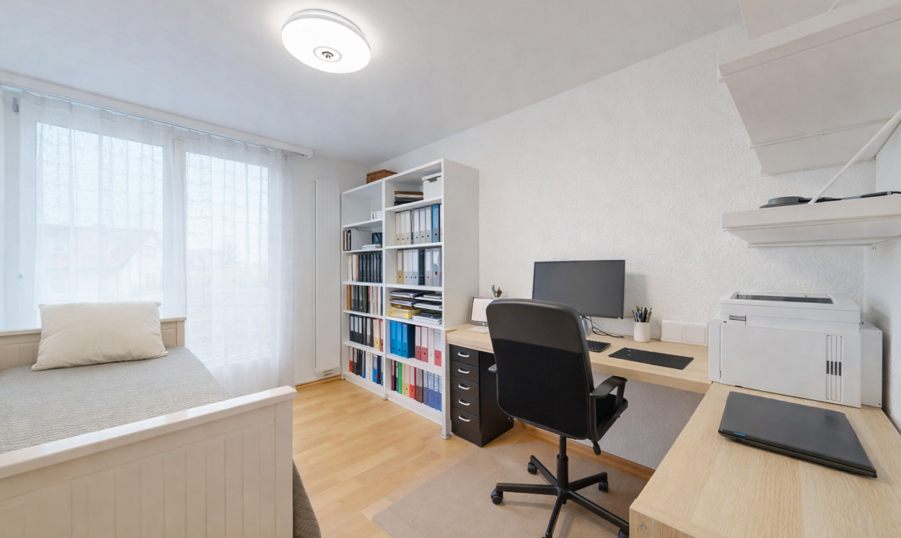 home office with light wood finished floors