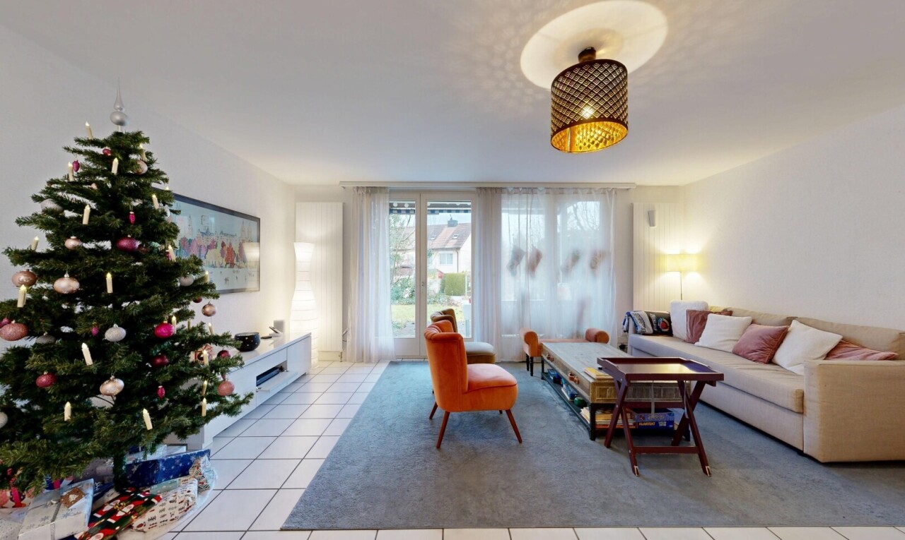 living room featuring light tile patterned floors