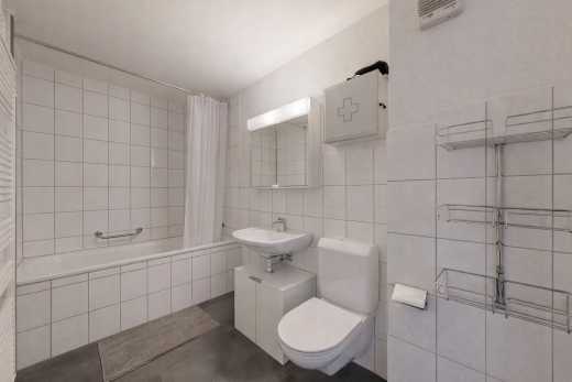 bad mit spiegel, komplettes badezimmer, inside property, toilette, und kombiniertes bad / dusche