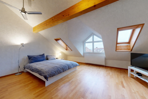 zimmer / schlafzimmer mit dachschräge, vaulted ceiling, dachfenster, fernseher, und natürliches licht