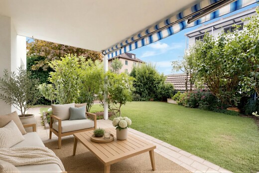 terrasse mit day time, terrasse, rasen, from property, und wohnraum im freien