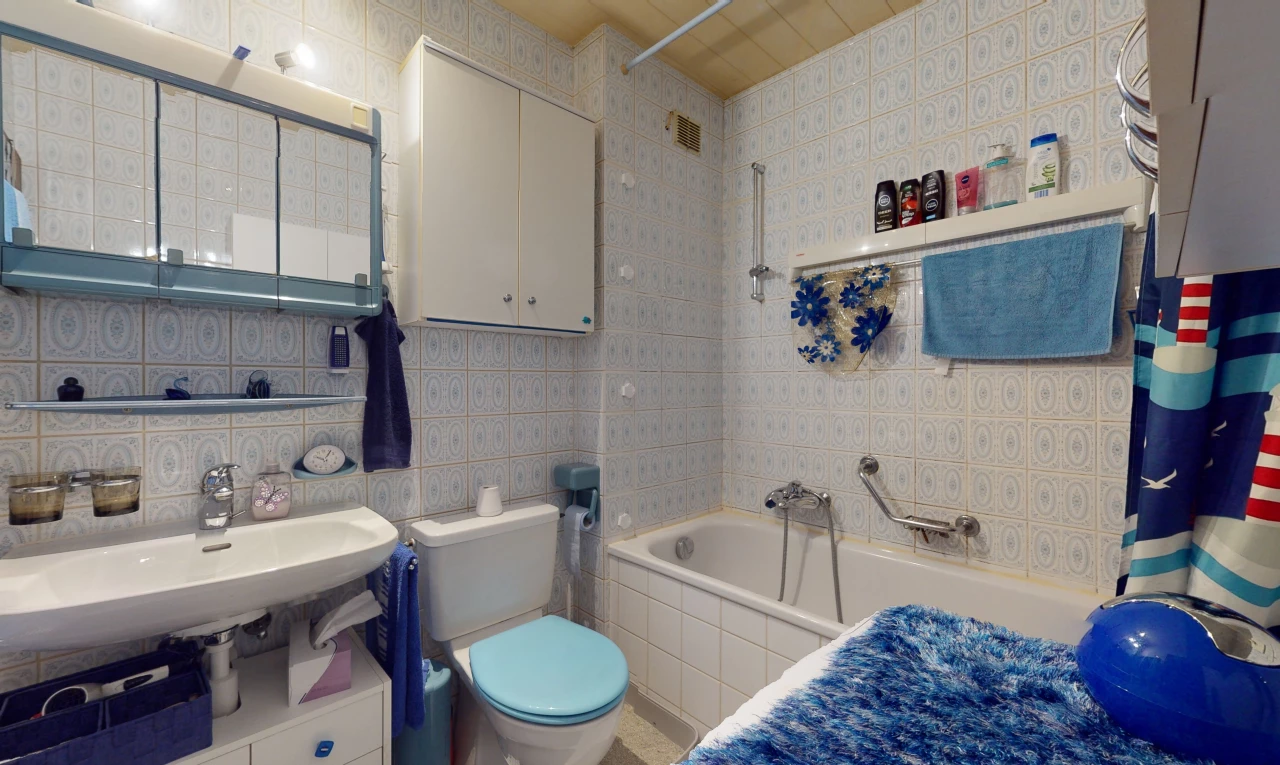 salle de bain avec toilettes, miroir, mur carrelé, vasque, et bain-douche