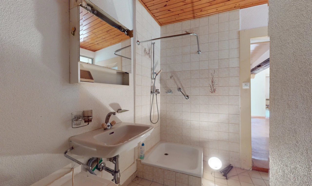 salle de bain avec vasque, carrelage, et plafond de bois