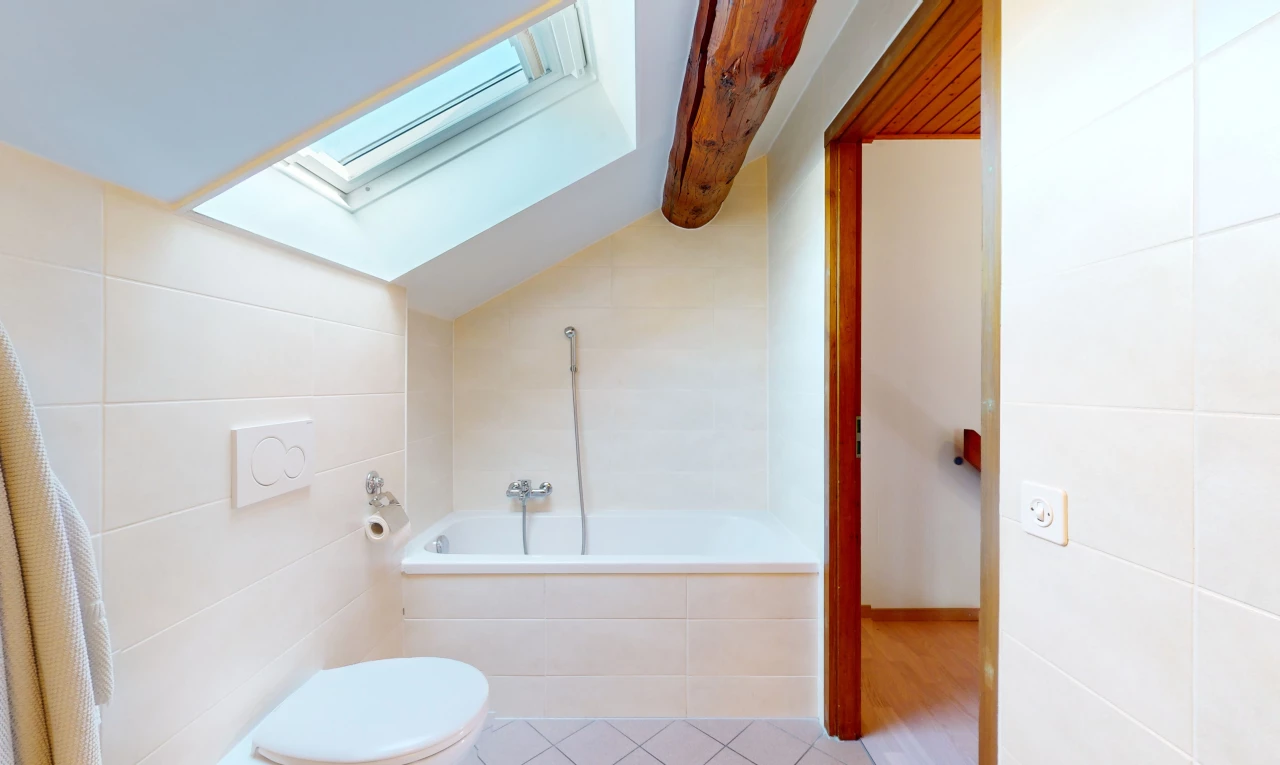 salle de bain avec plafond voûté, lucarne, plancher de bois, mur carrelé, et toilettes