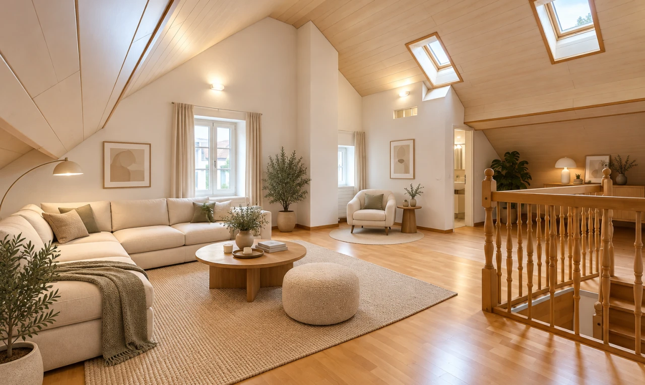 salon / salle à manger avec vaulted ceiling, plafond voûté, high ceiling, plafond haut, et lumière naturelle