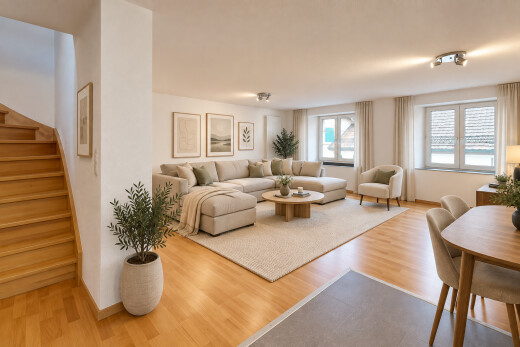 wohn- / esszimmer mit treppen, deckenbeleuchtung, wood finish stairs, holzfußboden, und wood finish floor