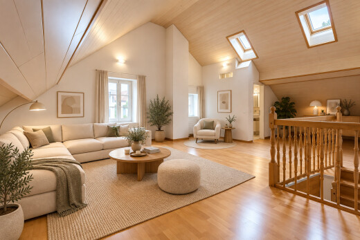 wohn- / esszimmer mit vaulted ceiling, dachschräge, high ceiling, hohe decke, und natürliches licht
