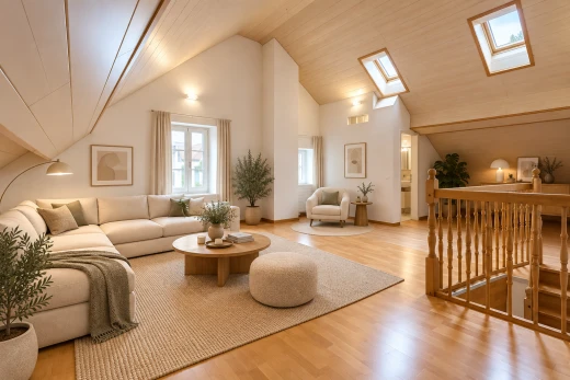 salon / salle à manger avec vaulted ceiling, plafond voûté, high ceiling, plafond haut, et lumière naturelle