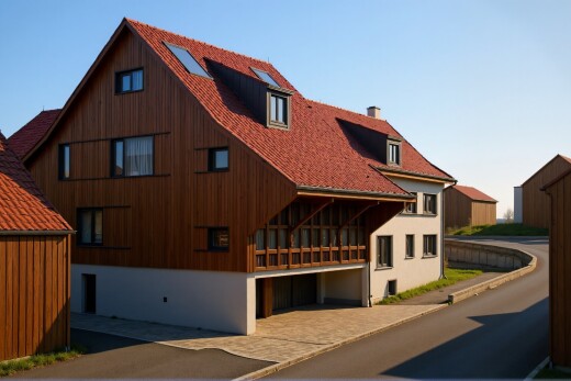 außenansicht mit vertikale verkleidung, property visible, balkon, dachgaube, und day time